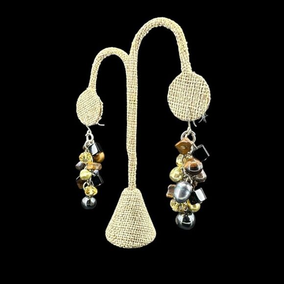 Semi Precious Gem Beaded Dangle Earrings Silver Plated - Picture 4 of 7